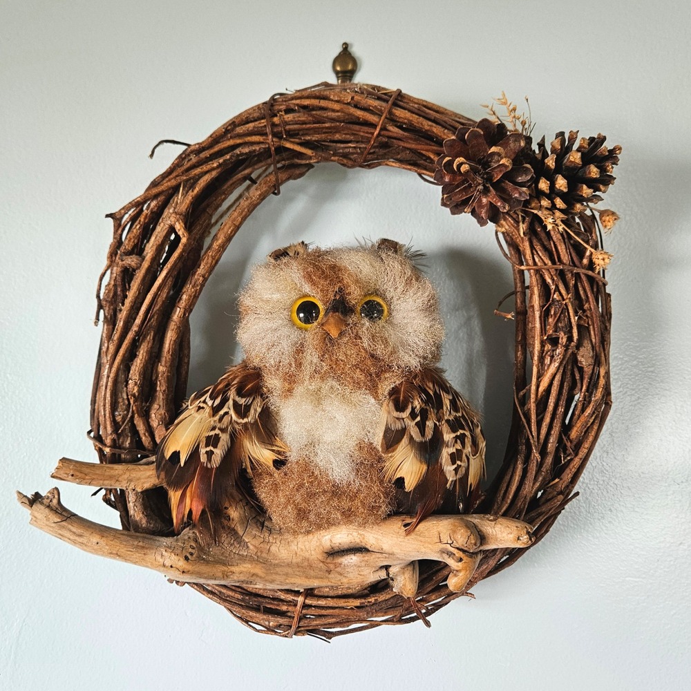 Vtg 80s Rustic Grapevine Wreath Fuzzy Owl Feathers Driftwood and Pinecones Decor